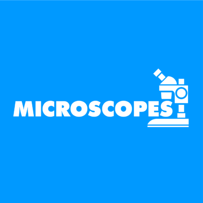 A simple vector illustration of a microscope. Neatly wedged into the illustration is the word 'microscopes' in an all-caps and bold/heavy typeface.