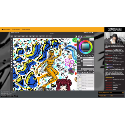 A screenshot of a HelloImElaine stream, showing the stream overlay in use during a doodle board stream.