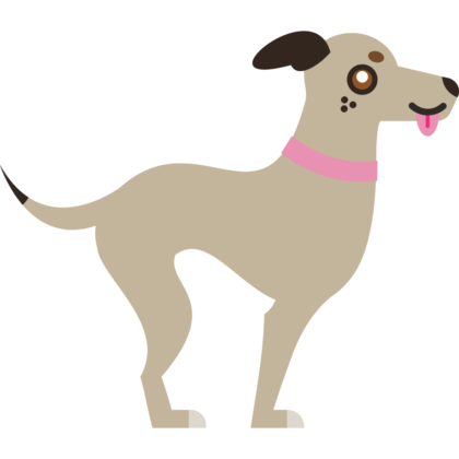 A digital vector illustration of Eevee, Diana's greyhound, simplified for use as an emote. She has pale brown/cream fur, a cute pink collar and her tongue is sticking out.