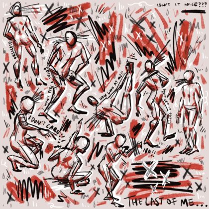 A digital illustration of some human pose studies on a pale cream art board. They’re all roughly drawn and roughly shaded in reds and greys, and highlighted in white. Surrounding them are some black, grey, red and white scribbles to fill some of the empty space, as well as some lyrics from CircusP.