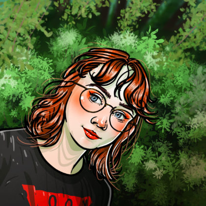 A digital illustration of Gen. She has blue eyes and pale skin. Her face is accented with warm coloured makeup. Her hair is auburn coloured and wavy. She’s wearing a Troye Sivan concert top that’s black with a red print at the centre of the chest. She’s facing slightly to the right and she’s standing in front of some bushes.