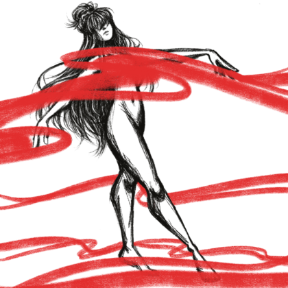 A digital illustration of a person in a soft dance pose. They've a feminine figure and their hair is long and wavy. The top part of their hair is tied into a bun. There's wavy red lines hiding their bust and feet.