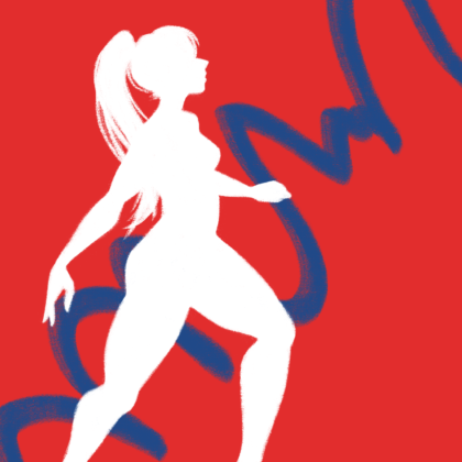 A digital illustration. It depicts a white silhouette of a lady on a red background. The background has a blue squiggle of energy. It's hard to determine whether the silhouette is facing towards you or away from you.