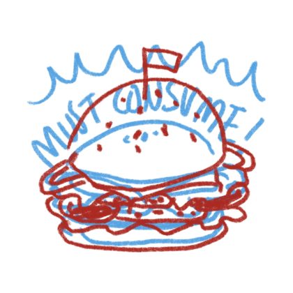 A digital illustration of some burgers. One burger is drawn in blue and another bigger burger is drawn on top in red. The background is white. Hidden in the blue illustration is some handwritten words that reads as ‘must consume’.