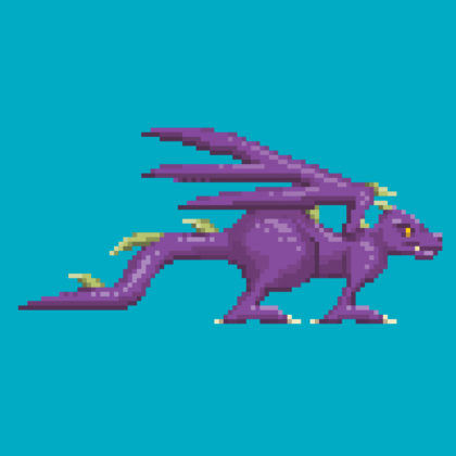 A pixel art illustration of a purple dragon. The dragon is facing right, showing their side profile. The background is blue.