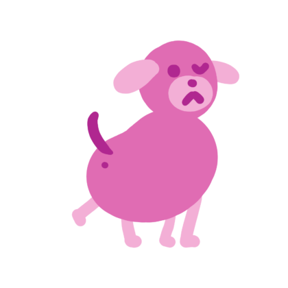 A digital illustration of a blob-shaped pink dog, winking and showing off their hind side.