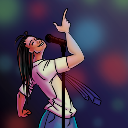 A digital illustration of Max Dei, singing into a mic and dancing. Max is in a dimly lit room with party lights illuminating the scene.