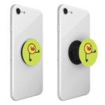 Photo of a Rolling Bird PopSockets PopGrip on a phone, demonstrating expanded and collapsed positions.