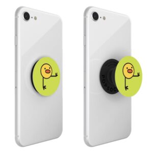 Photo of a Rolling Bird PopSockets PopGrip on a phone, demonstrating expanded and collapsed positions.